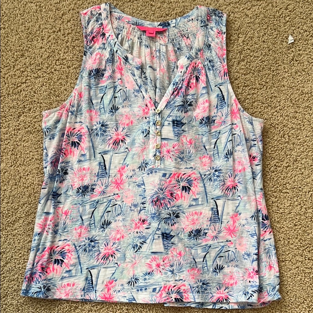 Lilly Pulitzer Pink and Blue Pleated Sleeveless Blouse